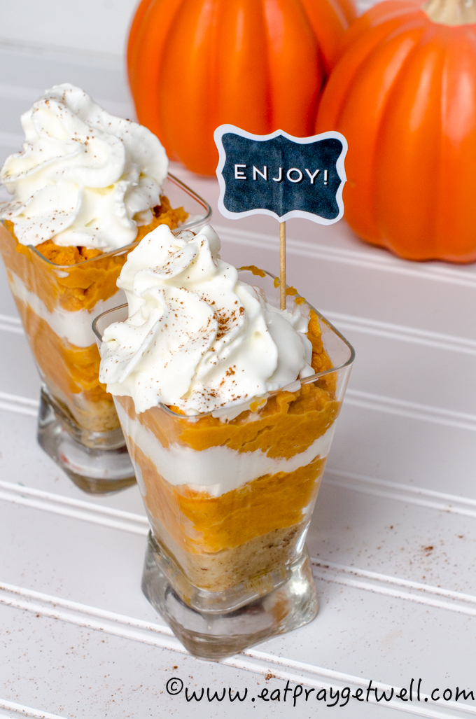 pumpkin delight parfaits with pumpkins in the background