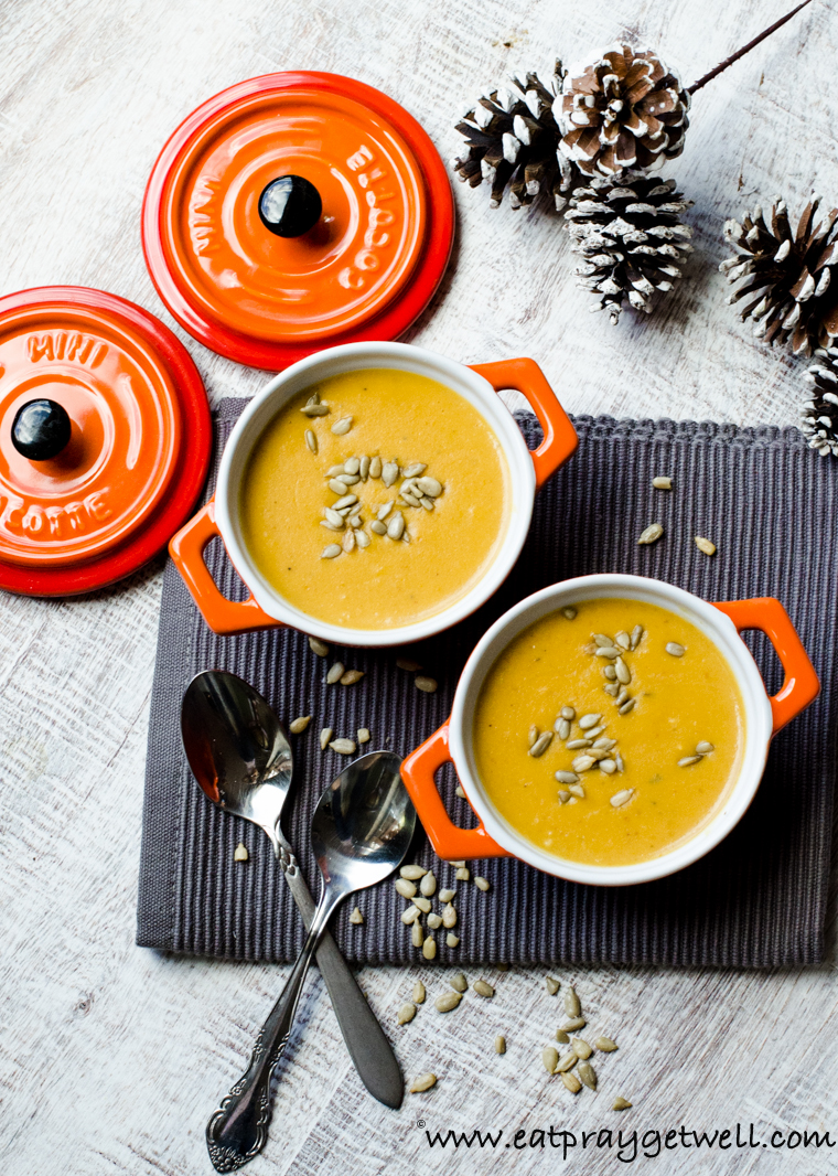 pumpkin soup in orange bowls