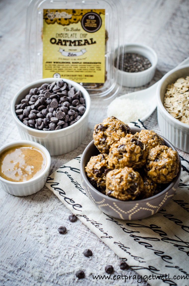 Chocolate Chip Oatmeal Bites surrounding by almond butter and chocolate chips