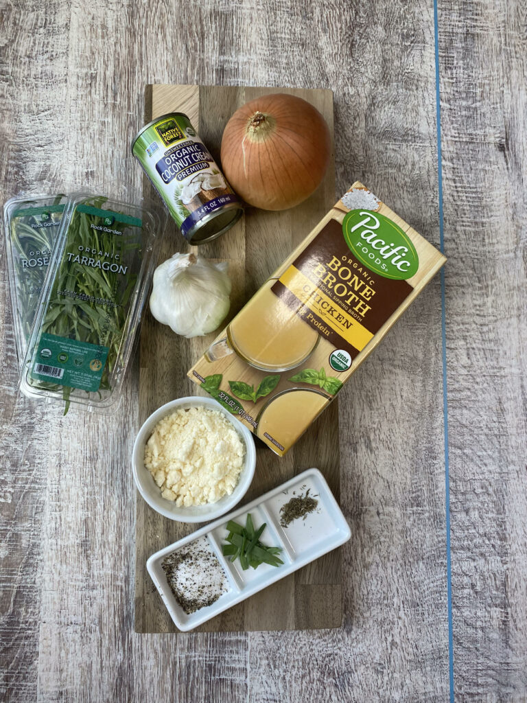 ingredients for Vitamix Roasted Garlic Soup with Parmesan Cheese on a wood cutting board